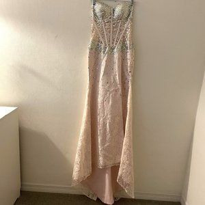 ENGERLA  WOMEN’S SHEATH PINK SPLIT SWEETHEART LACE LONG DRESS WITH RHINESTONES